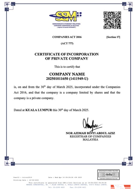 Malaysia certificate of incorporation of private company Word and PDF template